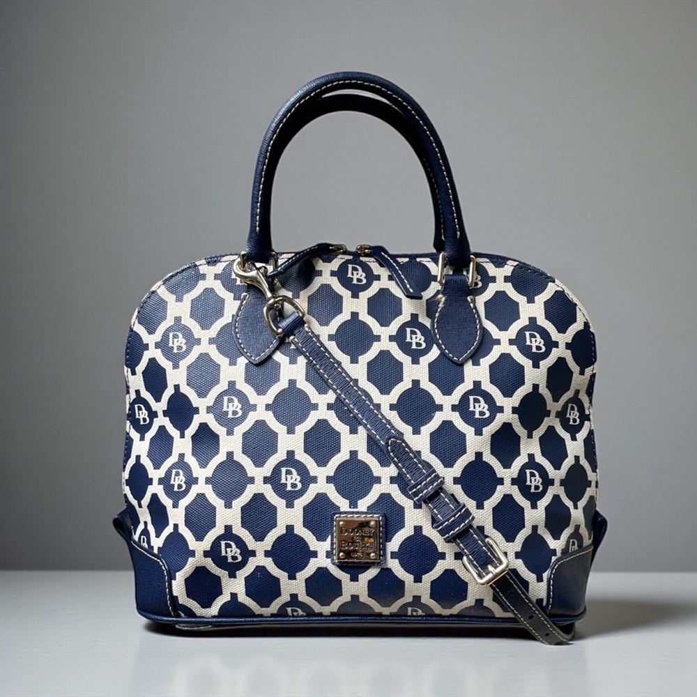 Dooney & Bourke Sanibel Coated Canvas & Leather Blue/White Zip Top Dome Satchel